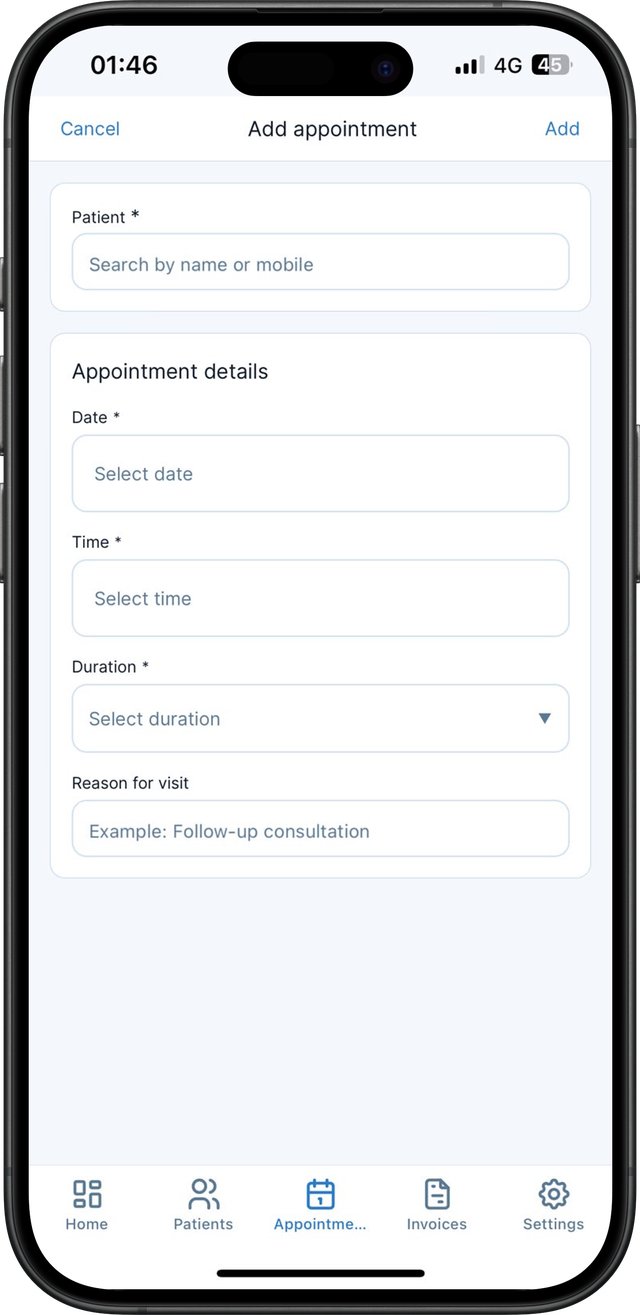 Add appointment screen with patient, date, time, and reason for visit fields