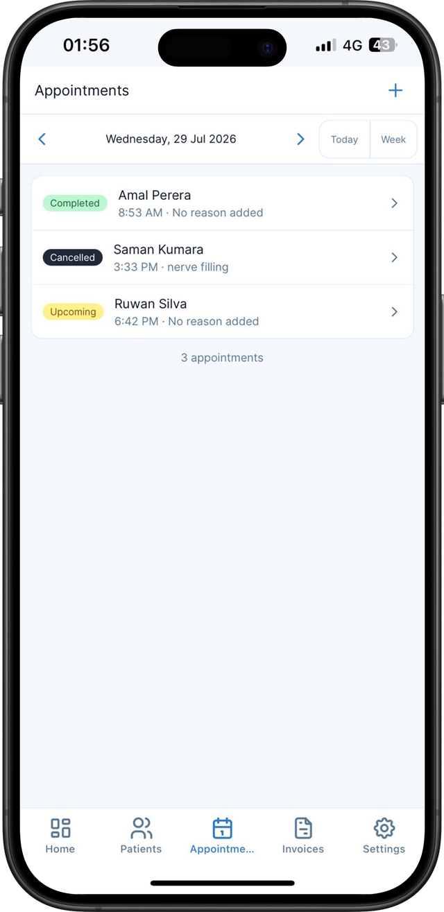 Appointments screen showing a day's bookings with their status