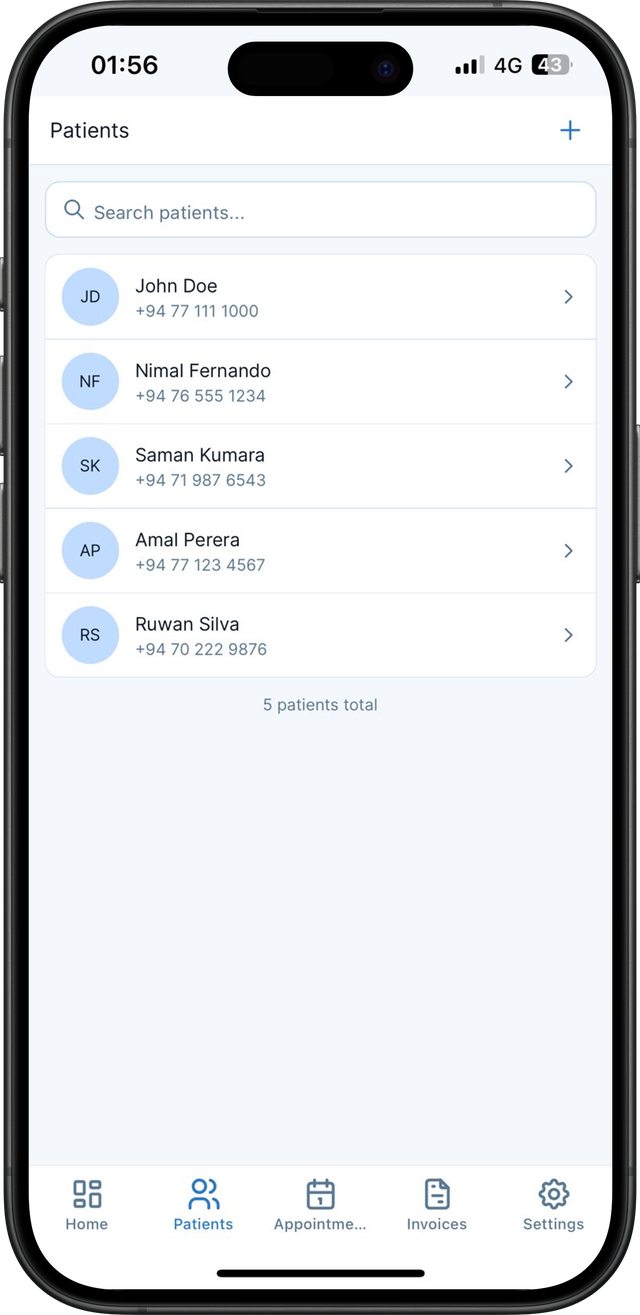 PocketClinic's patient list screen on an iPhone, showing a searchable list of patients with their names and phone numbers